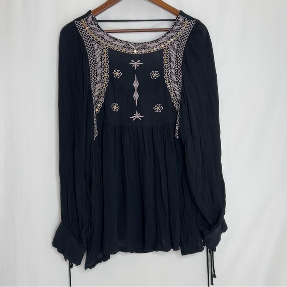 Anandas black boho peasant blouse long sleeve size large - Picture 1 of 8